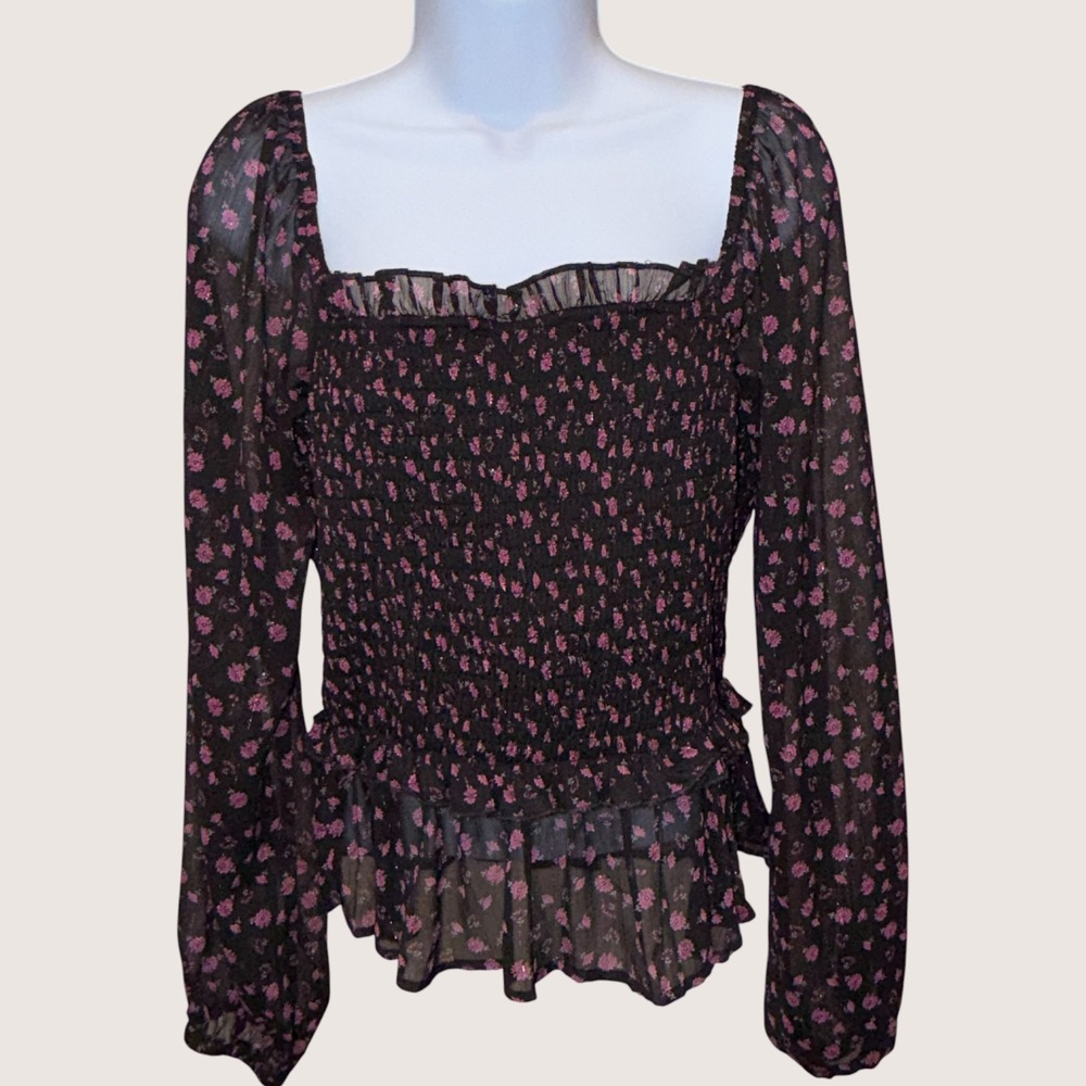 FRANCESCA'S Mi Ami BLACK/PINK Floral SMOCKED OFF SHOULDERS Cropped Whimsigoth L